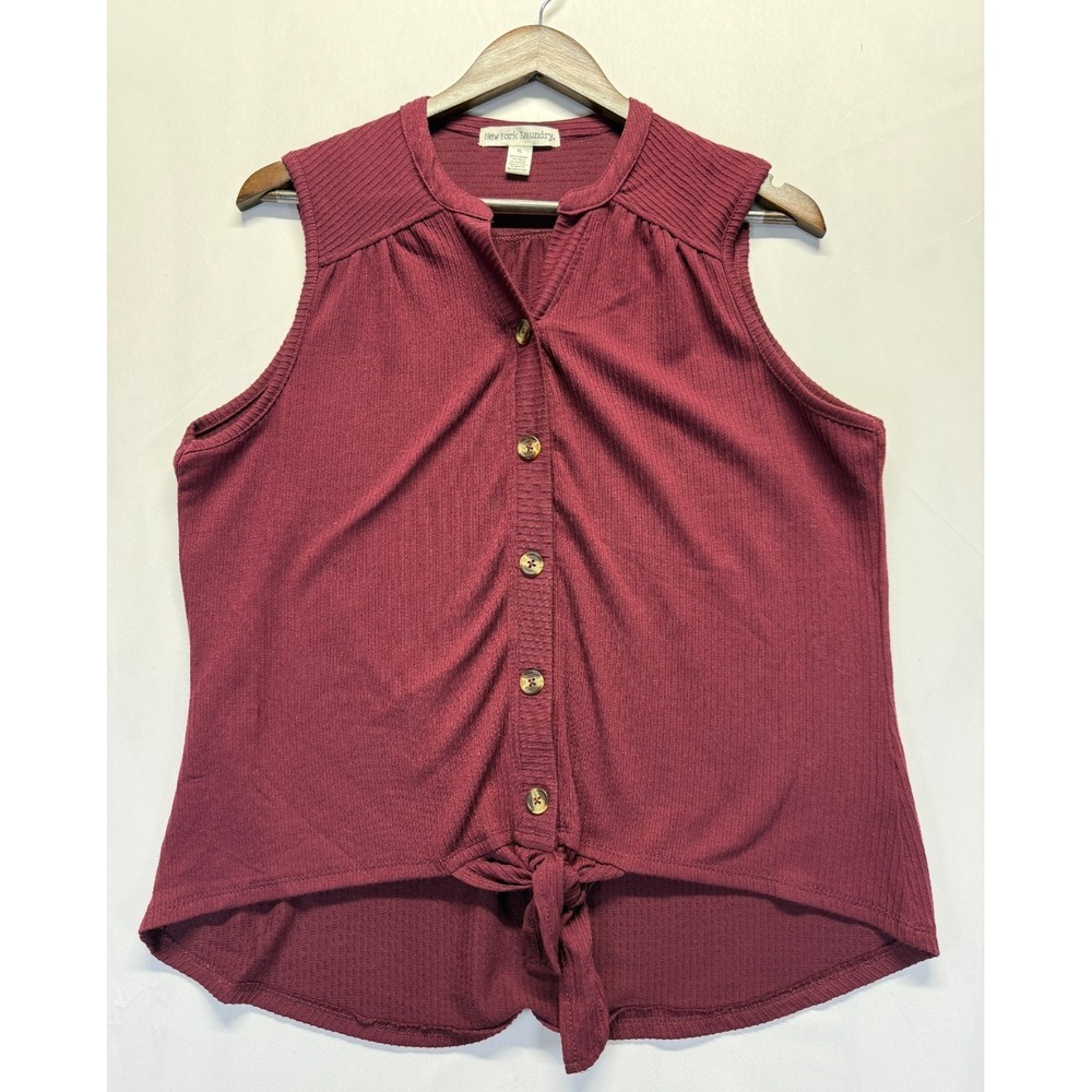 New York Laundry Blouse Top Womens XL Maroon Knit Ribbed Button Front Tie‎ Hem